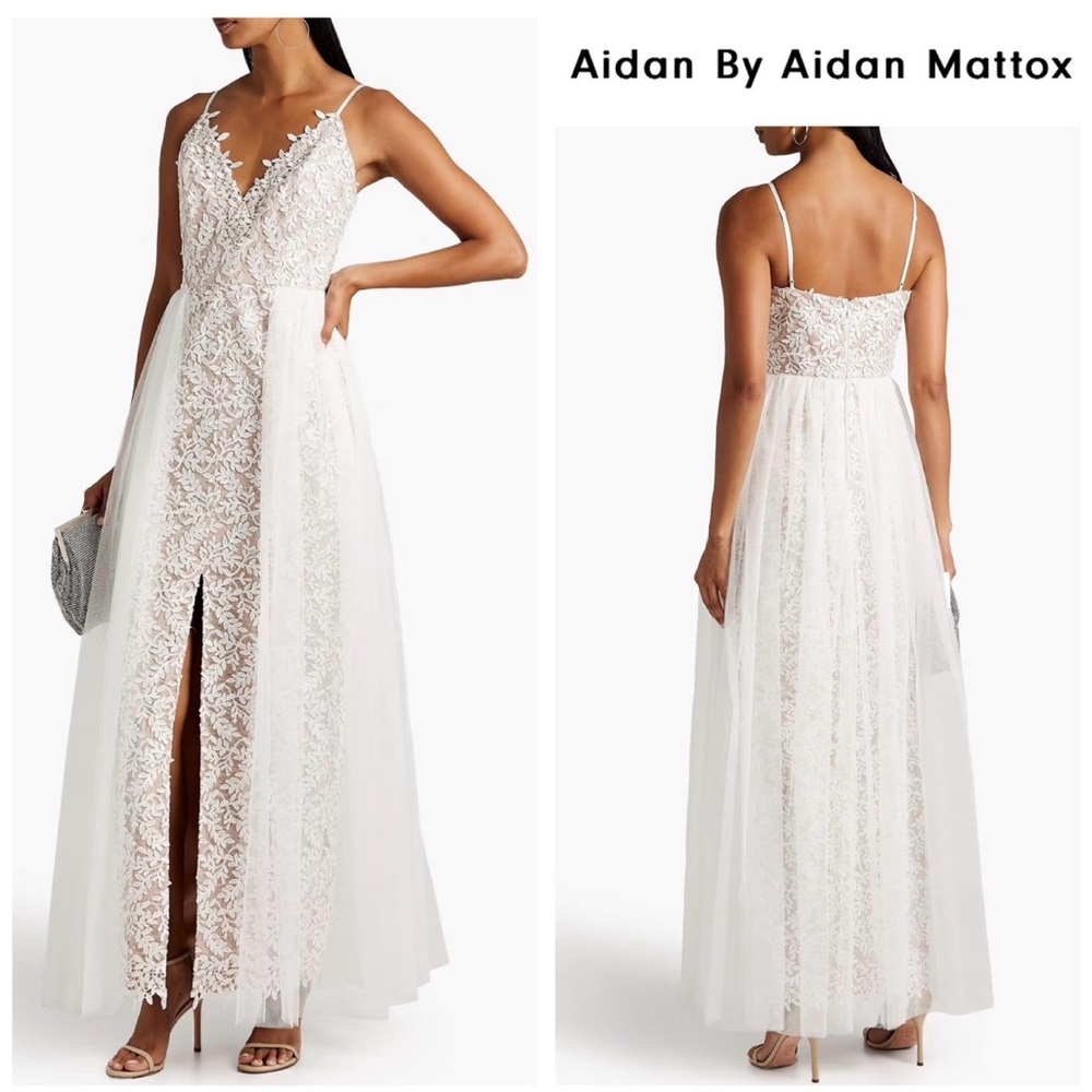 Aidan Mattox White Embroidered Lace V-Neck Gown NWT Size 6 Wedding Formal - Picture 9 of 9
